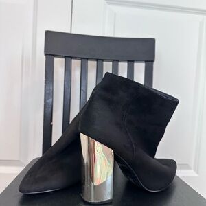 Charlotte Russe Black Suede Ankle Boots with Silver Metallic Block Heel
